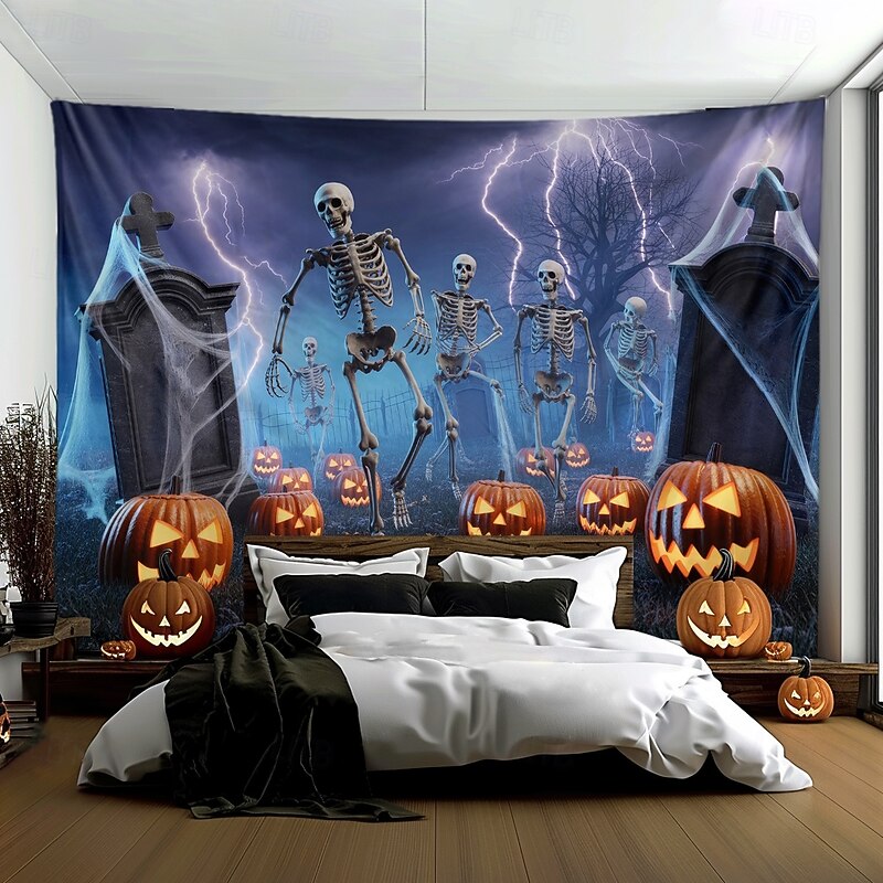Halloween Tapestry Banners Blanket Skeleton 3D Dark Punk Gothic Style Party Dorm Shooting Backgrounds Home Decor3