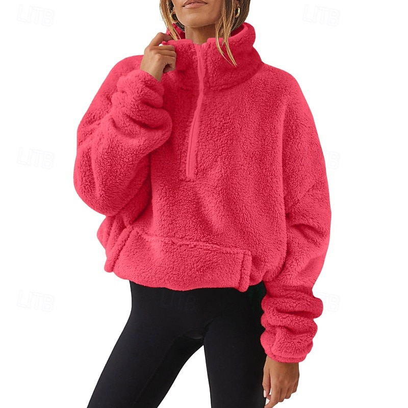 Women's Pullover Sweatshirt Sweatshirts Plain Streetwear Casual Long Sleeve Turtleneck Regular Tops Street Holiday Going out Half Zipper Quarter Zipper Zipper Pocket Yellow Pink Wine Dark Pink Purple3