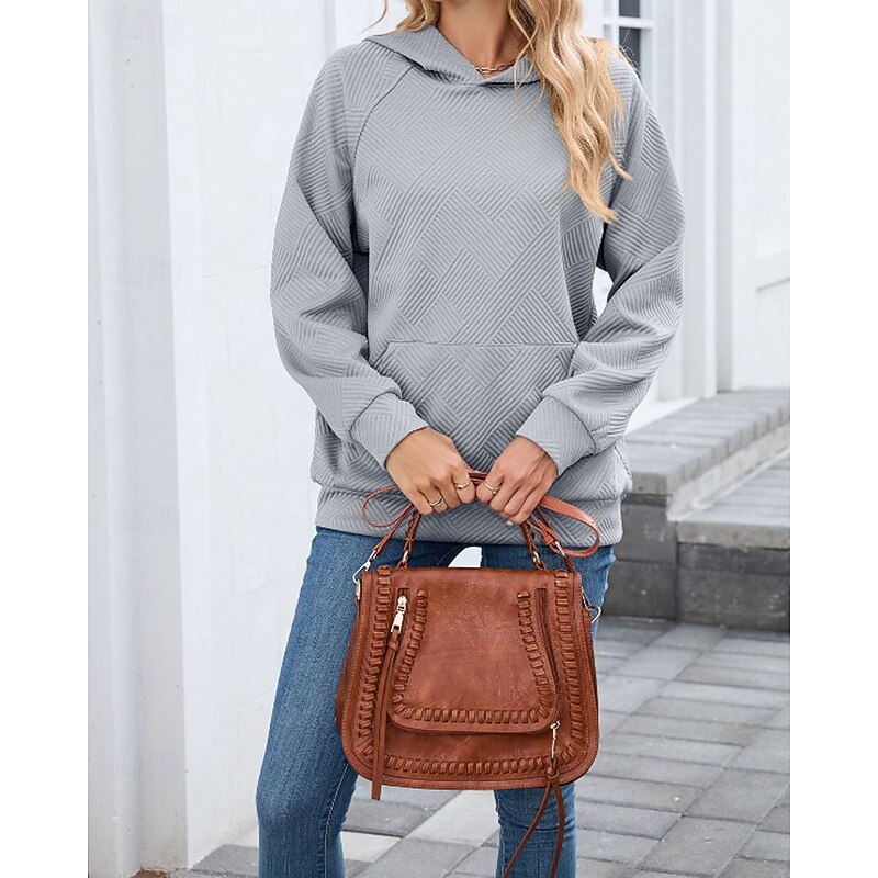 Women's Texture Sweatshirt Pullover Hoodie Sweatshirt Plain Streetwear Casual Long Sleeve Hooded Regular Tops Street Going out Pocket Black Pink Wine Gray Fall4