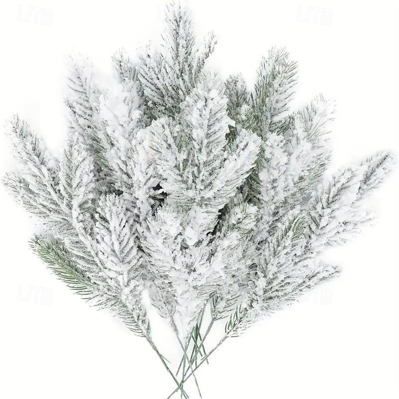 12/24pcs Christmas Snow Frosted Pine Needles – Realistic Iced Pine Branches with Snow Tips for Tree, Wreath, and Winter Centerpiece Decorations – Durable Plastic Evergreen Sprigs for Indoor/Outdoor Holiday Decor