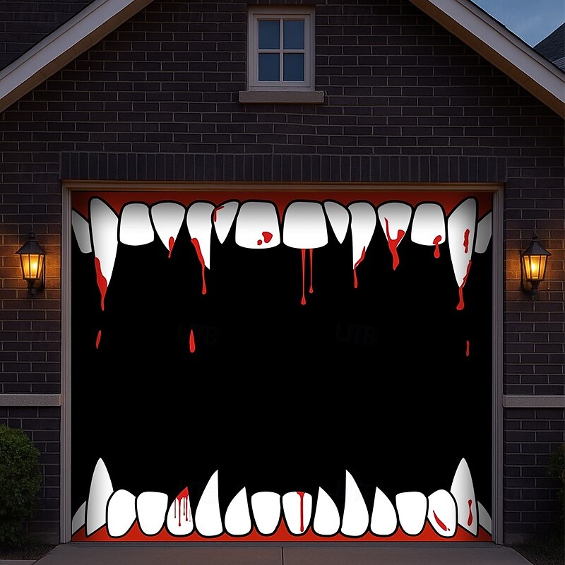 Halloween  Garage Door Cover 3D Archway  Spooky Vampire Teeth Banner Large Tapestry Backdrop Decoration for 2025 Halloween Holiday Outdoor Wall Decorations Zombie Containment Unit Garage Door3