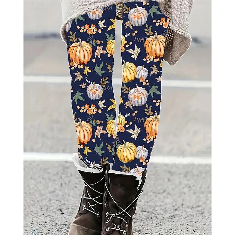 Women's Pants Trousers Leggings Cozy Leggings Streetwear Casual Full Length High Waist Pumpkin Elastic Waist Print Breathability Comfortable Stretchy Vacation Street Daily Wear Navy Blue Spring Fall