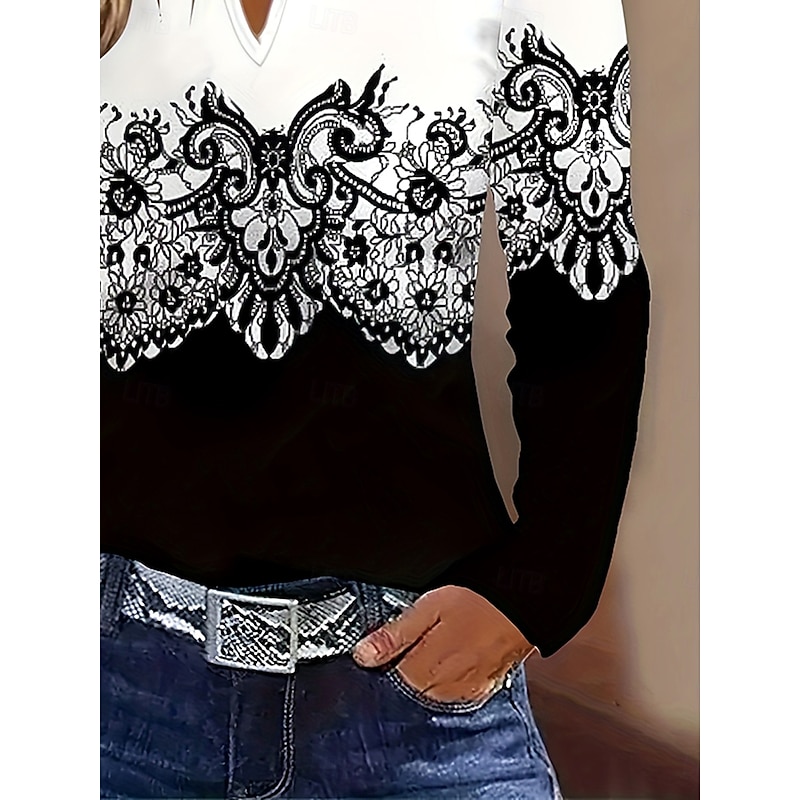 Women's T Shirt Ombre Floral Graphic Elegant Vintage Stylish Long Sleeve V Neck Notched Neck Regular Tops Daily Weekend Print Black Spring Fall3