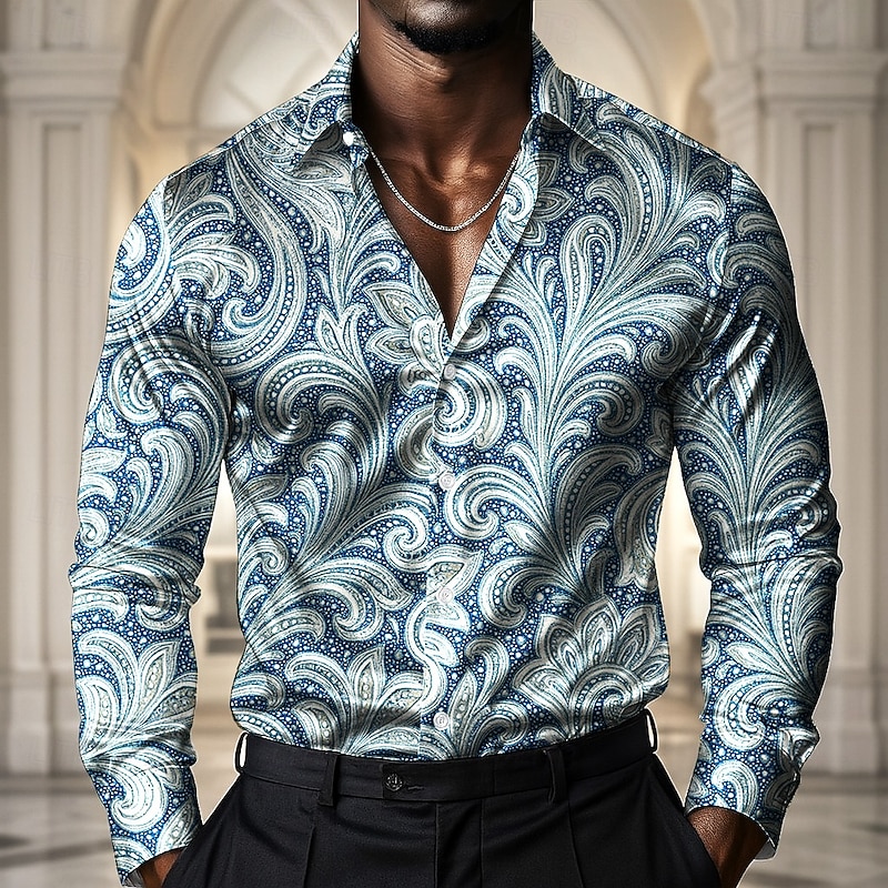 Men's Paisley Ethnic Flowers Shirt Satin Shirt Dress Shirt Long Sleeve Vintage Retro Vacation Dailywear Summer Spring Fall Turndown 3D Print Button Up Shirts Yellow Blue Green3