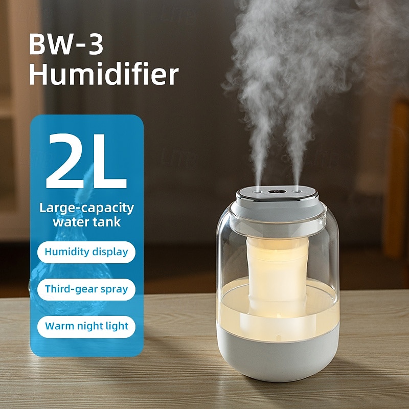 New 2L Double Spray Humidifier Usb Large-Capacity Home Bedroom Office Nightlight Humidifier Gift