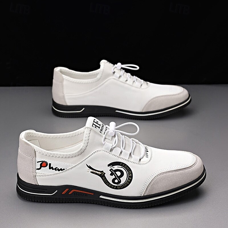 Men's White Sporty Sneakers with Graphic Print – Comfortable Casual Lace-Up Shoes for Urban Wear, Weekend Activities and Fashionable Outings4