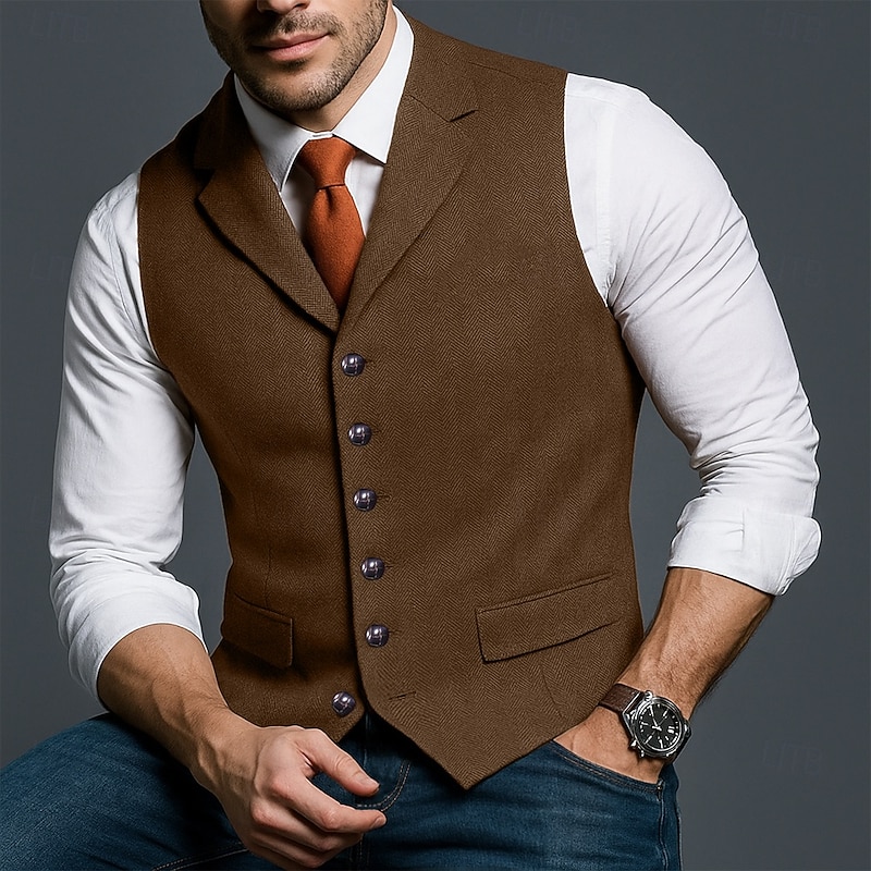 Men's Tweed Vest Waistcoat Formal Wedding Vacation Daily Fashion Classic Spring Fall Pocket Buttons Wool Tweed Comfortable Plain Herringbone Single Breasted V Neck Lapel Slim Fit Black Champagne Red3