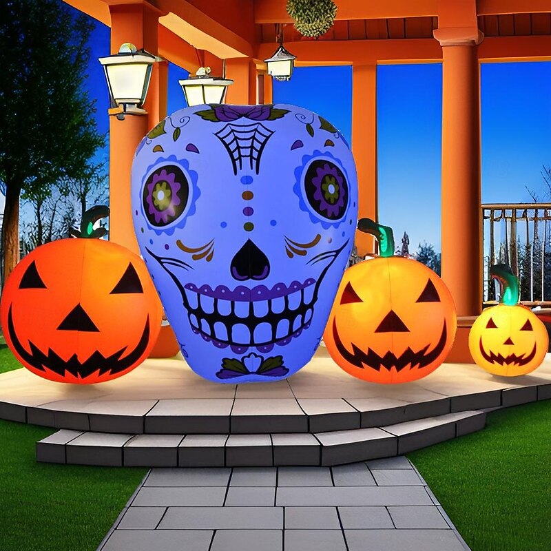 1 Pc 1.4M * 2.6M Halloween Waterproof LED RGB Luminous PVC Inflatable Skull Pumpkin Air Model Indoor and Outdoor Courtyard Garden Lawn Party Halloween Festival Atmosphere Decorative Light AAA Battery3
