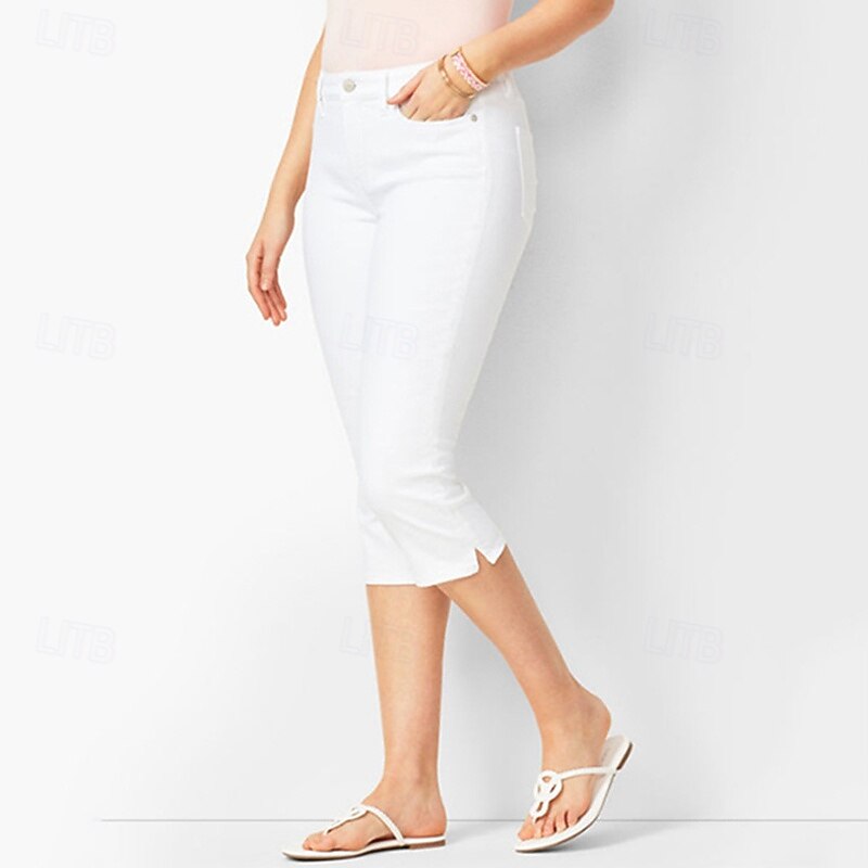 Women's Jeans Capri Pants Jeggings Streetwear Casual Calf-Length High Waist Plain Pocket Breathability Micro-elastic Vacation Street Daily Wear Black White Dark Blue Light Blue Summer Regular Fit2