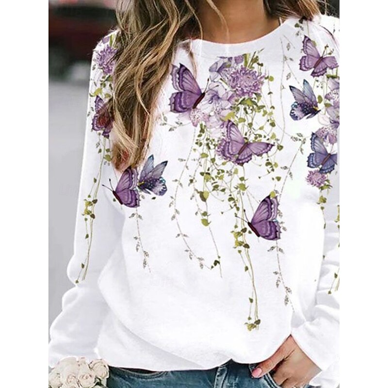 Women's Sweatshirts Graphic Butterfly Warm Classic Casual Long Sleeve Crew Neck Round Neck Regular Tops Home Street Dailywear Print White Spring Fall Winter2