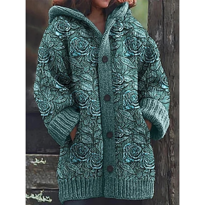 Women's Cardigan Vacation Vintage Daily Floral Ribbed Hooded Knitted Print Front Pocket Long Sleeve Regular Tops Knit Outdoor Daily Holiday Blue Brown Fall Winter3