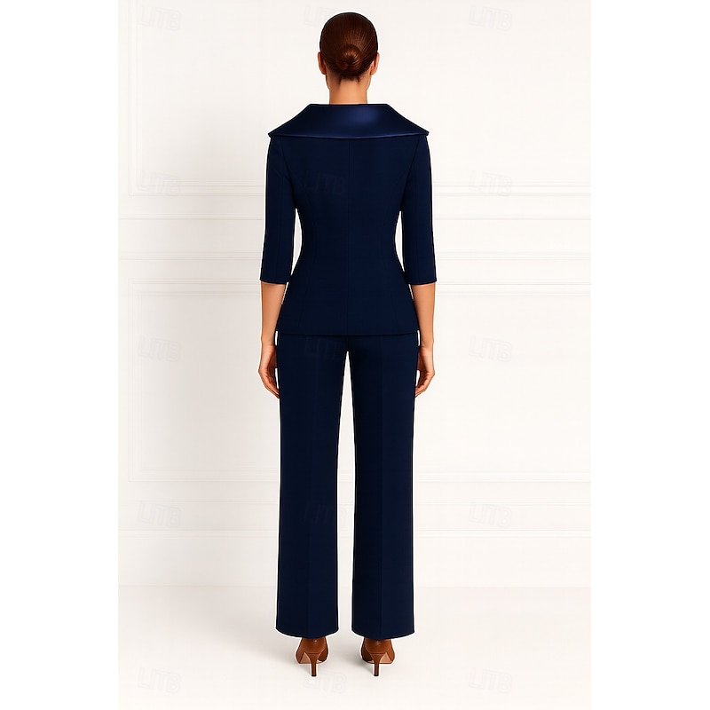 Women's 2 Pieces Portrait Collar Suits Formal Wedding Guest Formal Evening Stretch Crepe Elegant Simple 3/4 Sleeve Pleated Floor Length Notched Lapels3