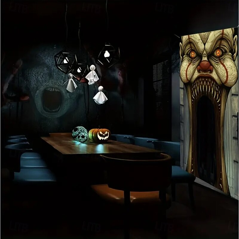 Halloween Door Cover Outdoor Banners Clown Psychedelic Dark Punk Gothic Style Party Outdoor Shooting Backgrounds Front Door Wall Porch Home Decor4