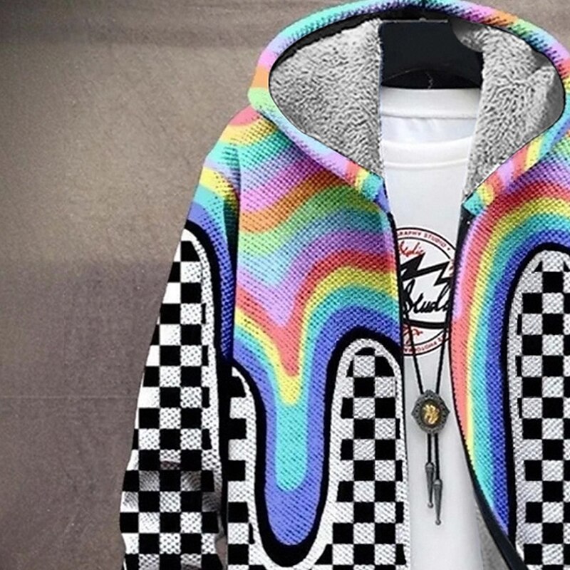 Men's Plaid / Check Winter Coat Fleece Jacket Coat Thermal Warm Comfortable Casual Daily Wear Zipper Pocket 3D Print Fall Winter Hooded Long Sleeve Rainbow2