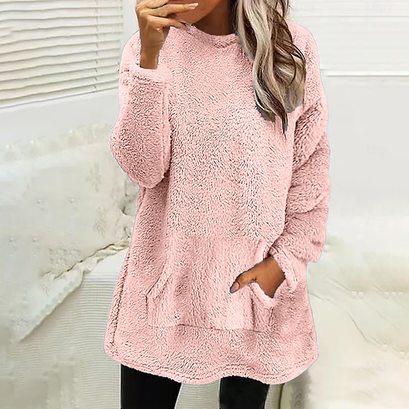 Women's Pullover Sweatshirt Warm Cute Teddy Long Sleeve Round Neck Long Tops Maroon Pink Purple Khaki Gray Spring Fall Winter Spring, Fall, Winter, Summer