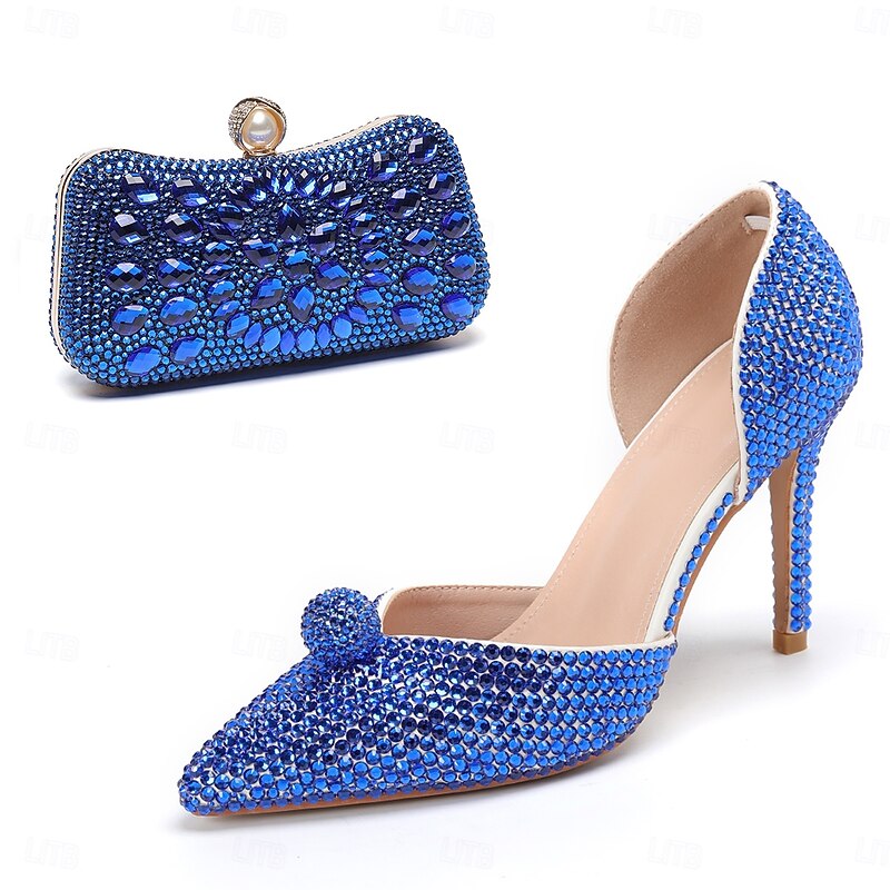 Women's Champagne Rhinestone Stiletto Heels and Clutch Bag Set – Elegant Pointed Toe High Heel Shoes for Wedding, Prom, and Evening Parties3