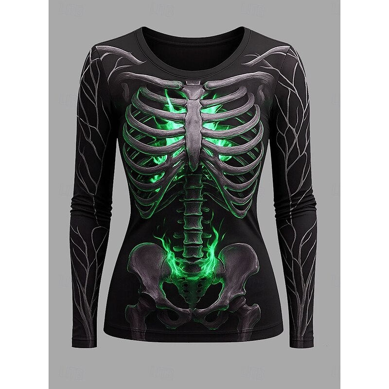 Halloween Women's T Shirt Skulls Graphic Skeleton Vintage Fashion Stylish Long Sleeve Crew Neck Regular Tops Daily Weekend Print Yellow Pink Blue Green Spring Fall Winter4