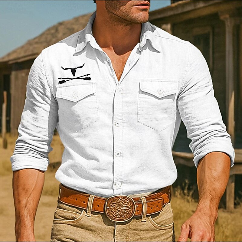 Men's Cow Print Western Shirt Button Up Shirt Cowboy Shirt Long Sleeve Vintage Retro Outdoor Holiday Summer Spring Fall Turndown Collared Shirts Front Two Pockets Black White