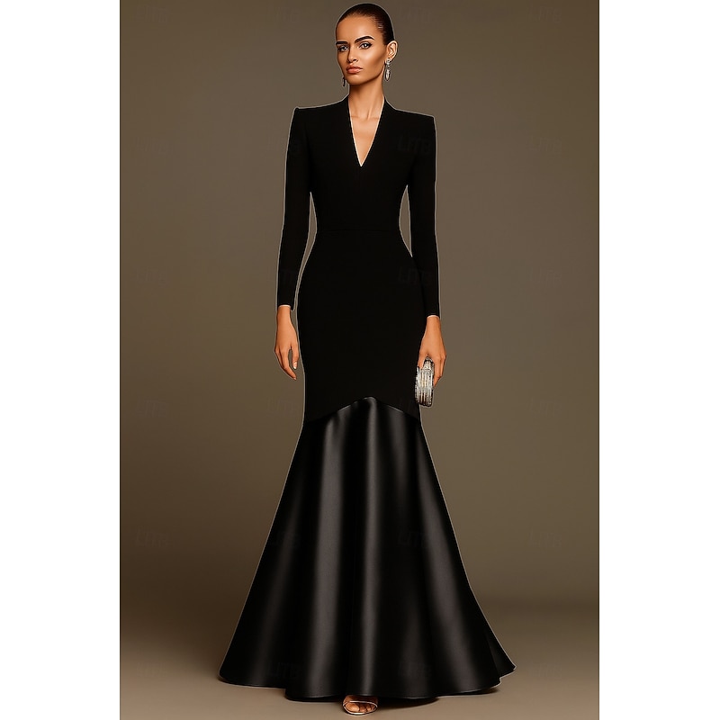 Black Tie A-Line Mermaid / Trumpet Evening Gown Elegant Dress Formal Wedding Floor Length Long Sleeve V Neck Stretch Crepe with Pleats 20254