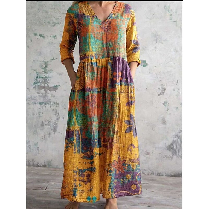 Women's Midi Dress A Line Dress Casual Daily Regular Fit Floral 3/4 Length Sleeve V Neck Yellow Dark Green Brown Green Summer Spring Fall2