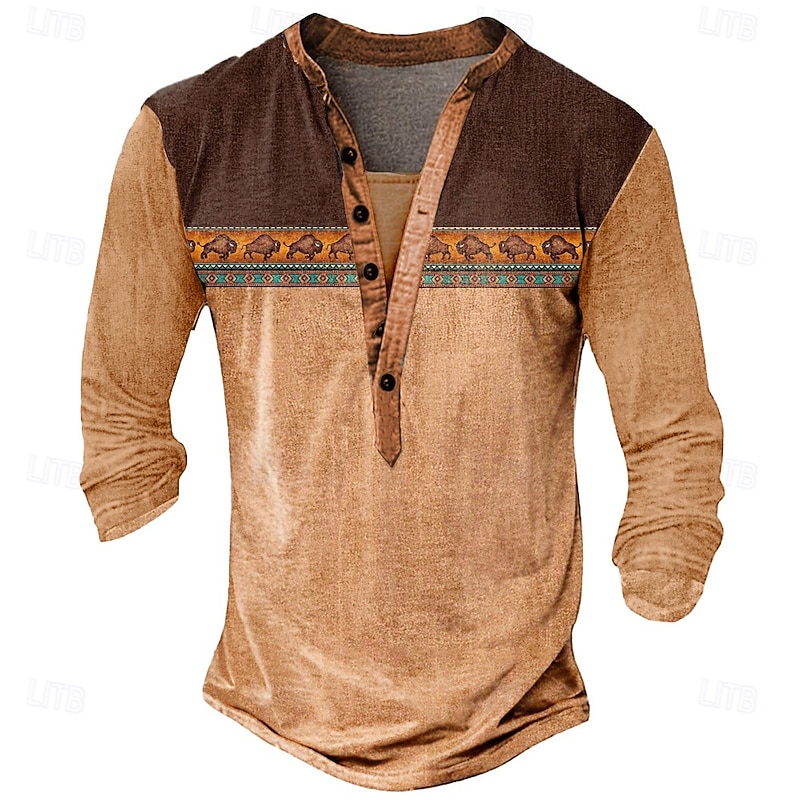 Men's Graphic Ethnic T Shirt Henley Shirt Long Sleeve Designer Retro Vintage Ethnic Street Casual Daily Summer Spring Fall Light Green Blue Brown Dark Gray Henley Henley T-Shirt2