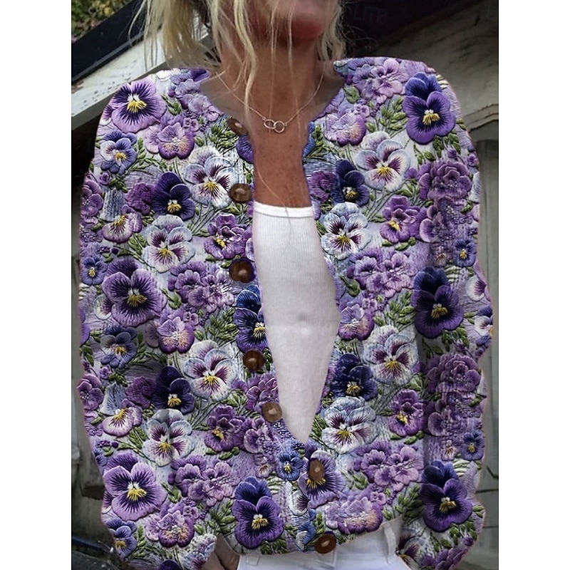 Women's Cardigan Sweater Knitted Ribbed Button Front Round Neck Long Sleeve Lightweight Elegant Vintage Fashion Floral Crew Neck Print Regular Tops Knit Outdoor Daily Weekend Purple Green Fall Winter2