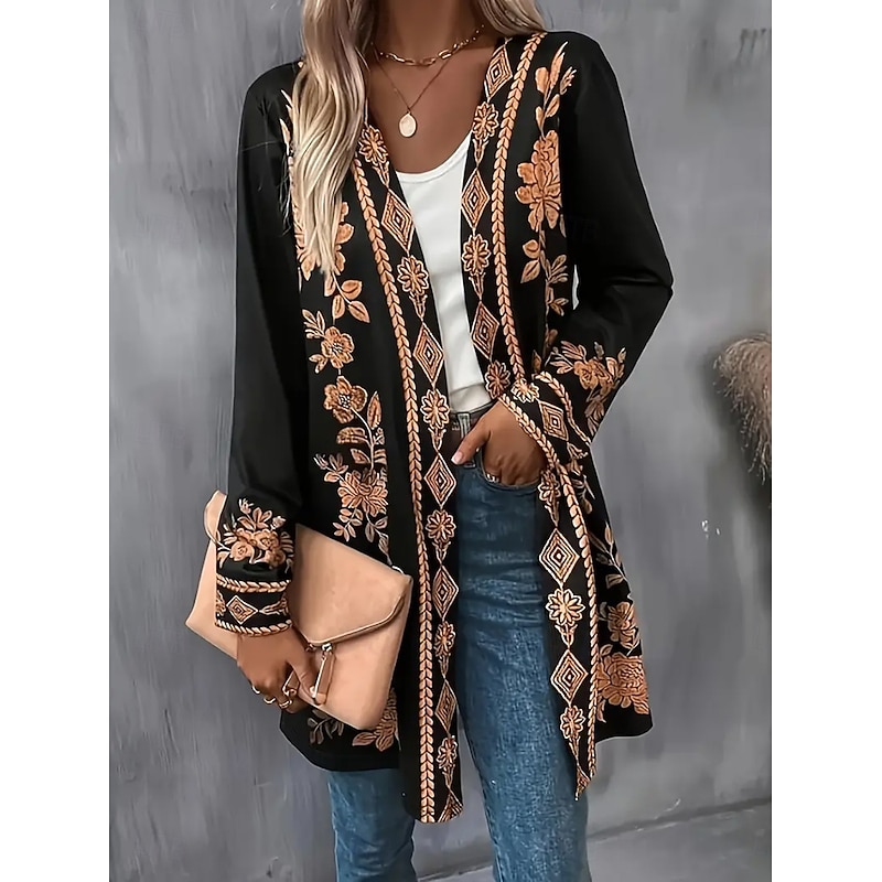Women's Winter Coat Trench Coat Lightweight Comfortable Print Open Front Vintage Fashion Casual Floral Vacation Casual Long Collarless Regular Fit Long Sleeve Outerwear White Yellow Red Spring Fall