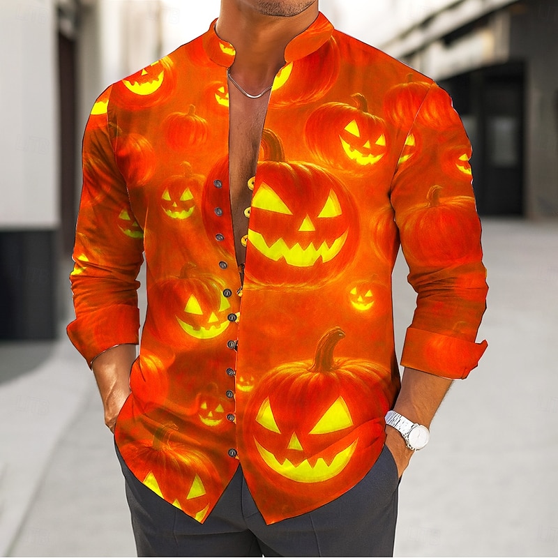 Halloween Men's Pumpkin Halloween Costumes Shirt Stand Collar Shirt Long Sleeve Dark Gothic Style Outdoor Holiday Spring Fall Mandarin Collar Band Collar Button-Down Linen Like Shirt Blue Orange - Main Image