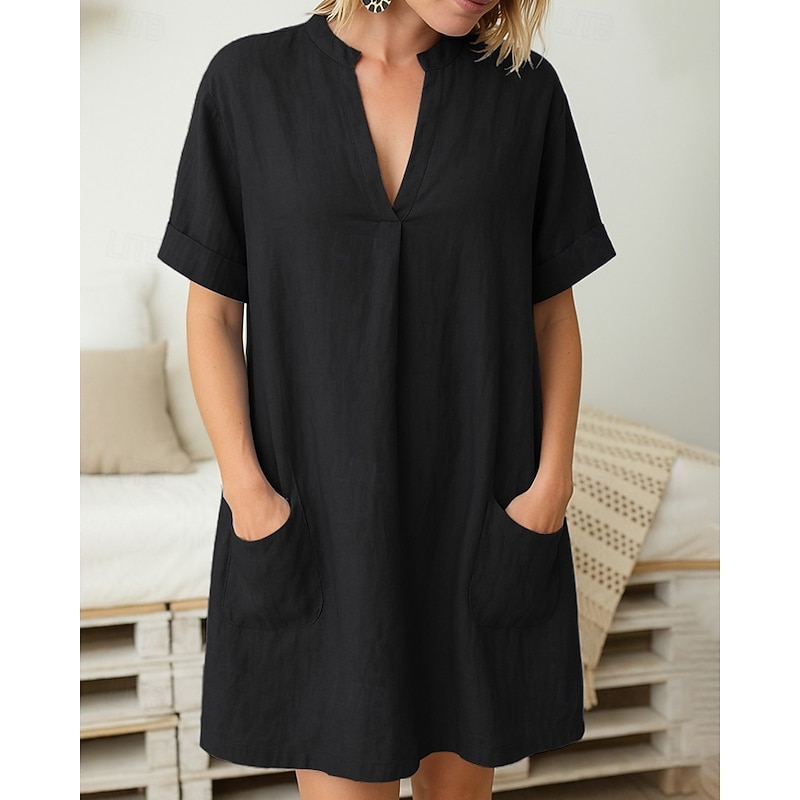 Women's Mini Dress Shirt Dress Casual Dress Cotton Linen Dress Classic Modern Outdoor Vacation Holiday Regular Fit Plain Short Sleeve V Neck Black Light Green Purple Light Blue Summer2