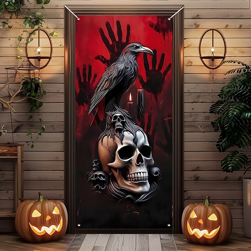 Halloween Door Cover Outdoor Banners Skeleton Crow Psychedelic Dark Punk Gothic Style Party Outdoor Shooting Backgrounds Front Door Wall Porch Home Decor3
