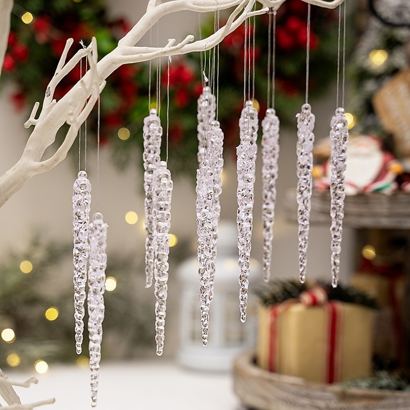 12pcs Christmas Crystal Icicle Ornaments, Pink Ice Hanging Decorations, Acrylic Icy Icicles for Tree, Holiday Hanging Decor
