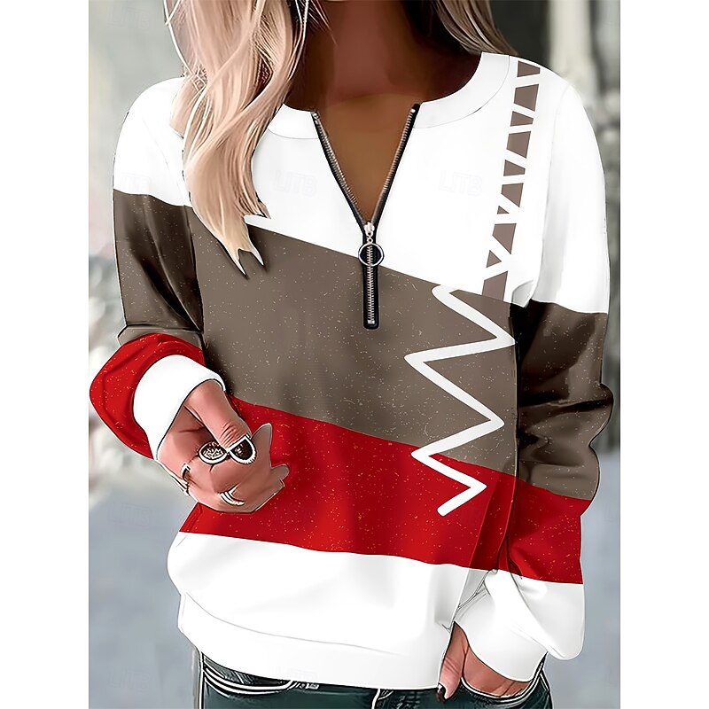 Women's Pullover Sweatshirt Zip Up Sweatshirts Graphic Geometric Fashion Casual Long Sleeve Crew Neck Regular Tops Street Dailywear Zipper Print Red Spring Fall Winter