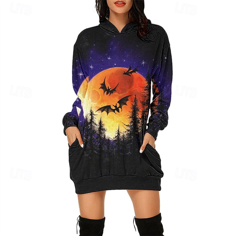 Women's Mini Dress Hoodie Dress Casual Dress Fashion Modern Outdoor Halloween Daily Regular Fit Pumpkin Long Sleeve Hooded Black Royal Blue Light Purple Purple Spring Fall2