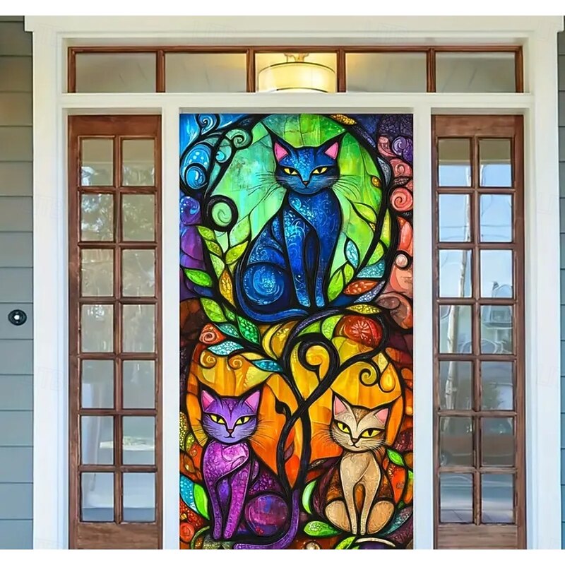 Door Cover Outdoor Banners Cat Stained Glass Aesthetic Mystic Bedroom Living Room Front Door Home Decor3