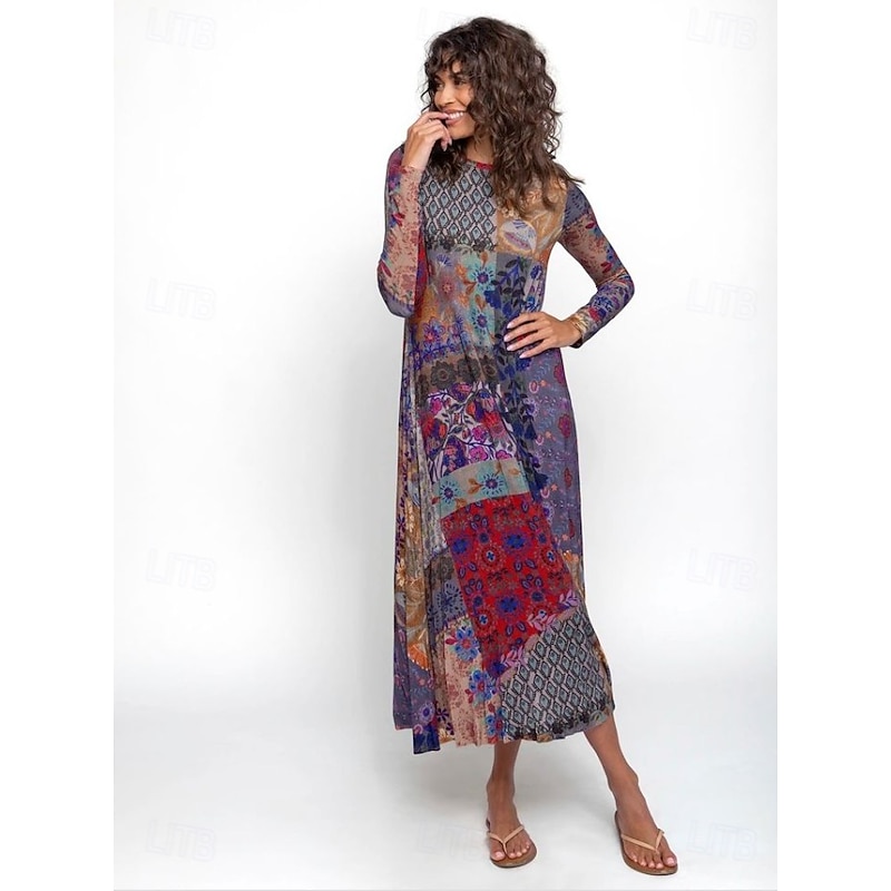Women's Maxi Dress Sheath Dress T Shirt Dress Tee Dress Vacation Casual Boho Holiday Date Regular Fit Floral Graphic Geometric Long Sleeve Crew Neck Deep Purple Pink Red Blue Spring Fall3