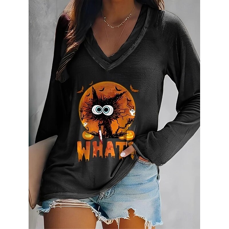 Halloween Women's T shirt Black Cat V Neck Long Sleeve Graphic Casual Witch Elegant Vintage Stylish Regular Tops Daily Going out Weekend Print Black White Pink Red Blue Summer Spring Fall