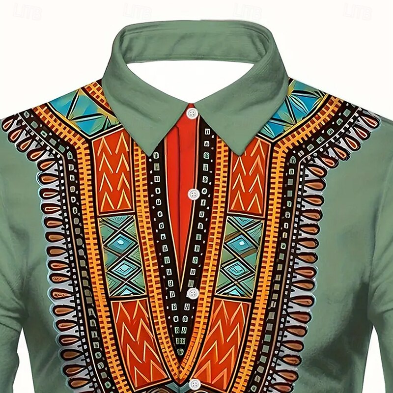 Men's Ethic / African Kente Shirt Button Up Shirt Casual Dress Shirt Long Sleeve Vintage Retro Vacation Daily Streetwear Summer Spring Turndown 3D Print Collared Shirts Green Beige2