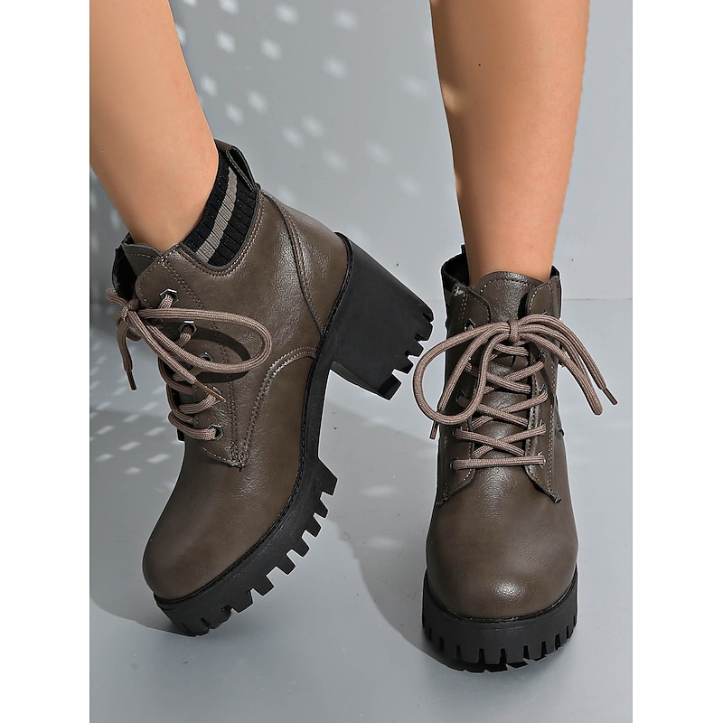 Women's Chunky Heel Ankle Boots - Lace - Up Brown Leather - Look Platform Booties
