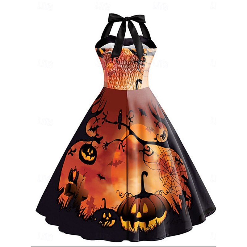 Halloween Women's Pumpkin Print Midi Dress A Line Dress Vacation Casual Daily Holiday Regular Fit Pumpkin Spider Sleeveless Halter Neck Black Yellow Orange Gray Summer Spring Fall2
