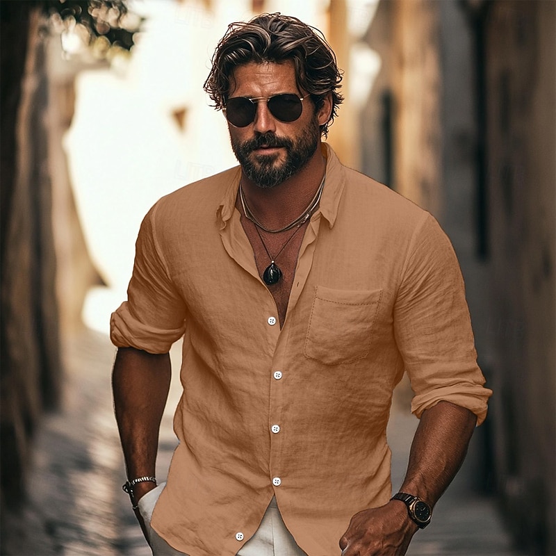 Men's Shirt Linen Shirt Summer Shirt Beach Shirt Button Up Shirt Untucked Shirts Plain Outdoor Street Black White Light Green Pink Long Sleeve Turndown Summer Spring &  Fall Clothing Apparel4