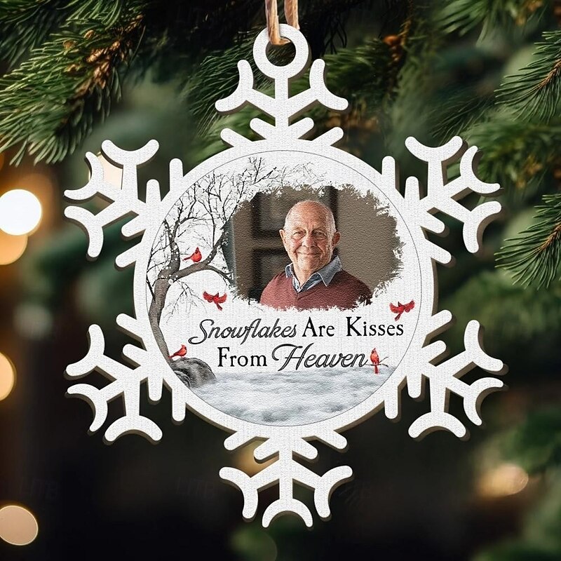 Personalized Christmas Photo Ornaments Custom Memorial Snowflakes Are Kisses From Heaven Decor Christmas Tree Xmas Decoration Hanging Pendant Gifts