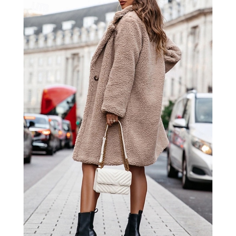 Women's Winter Coat Teddy Coat Casual Jacket Warm Comfortable Pocket Fashion Plain Outdoor Daily Wear Going out Weekend Single Breasted Regular Turndown Regular Fit Long Sleeve Outerwear Black Brown4