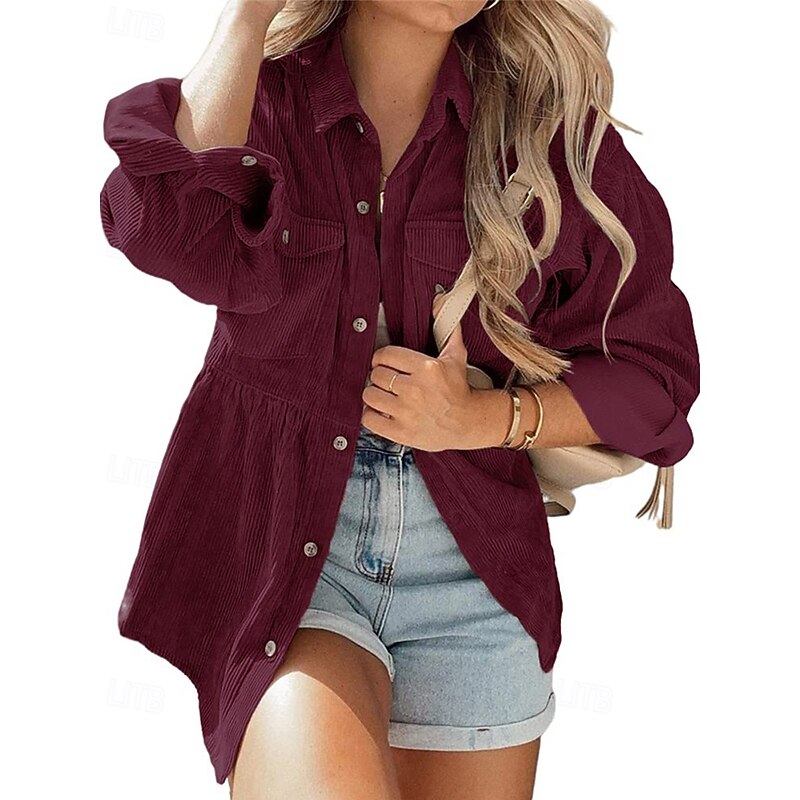 Women's Shirt Jacket Shacket Comfortable Ruched Pocket Casual Plain Holiday Casual Daily Weekend Single Breasted Regular Turndown Regular Fit Long Sleeve Outerwear Red Green Fall Winter2