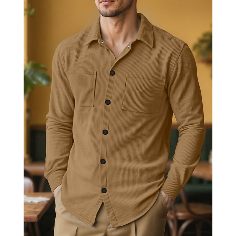 Men's Shirt Summer Shirt Casual Shirt Corduroy Shirt Button Up Shirt Black Navy Blue Camel Army Green Gray Long Sleeve Plain Lapel Vacation Hawaiian Pocket Clothing Apparel Polyester Fashion Casual2