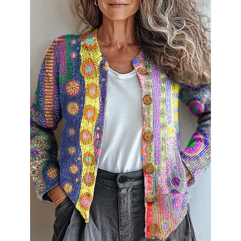 Women's Cardigan Sweater Knitted Ribbed Button Front Round Neck Long Sleeve Lightweight Vintage Floral Crew Neck Print Regular Tops Knit Outdoor Home Daily Yellow Light Brown Fall Winter4