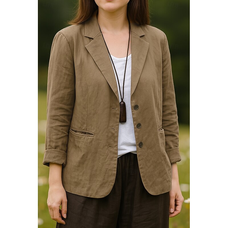 Women's Blazer Comfortable Breathable Pocket Vintage Casual Plain Office Street Casual Daily Wear Single Breasted Regular Turndown Regular Fit 3/4 Length Sleeve Outerwear Black White Khaki Summer Fall2