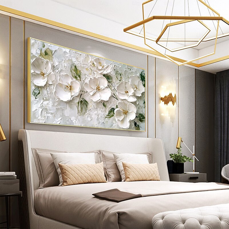 Handmade Original White Flower Oil Painting On Canvas Wall Abstract Floral Painting for Home Decor With Stretched Frame/Without Inner Frame Painting4