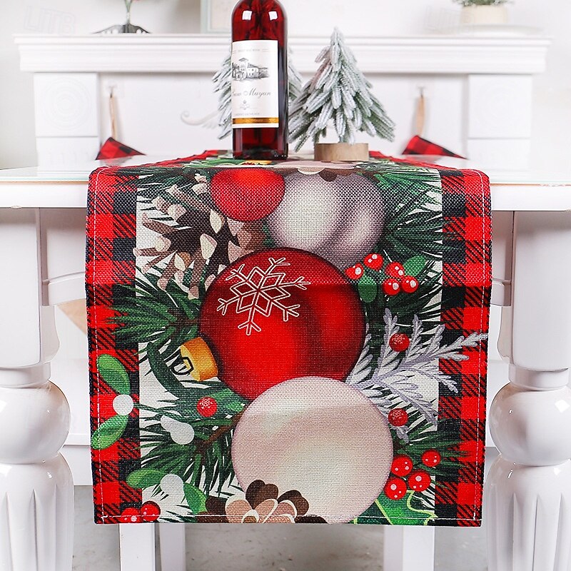 Christmas Table Runner Imitation Linen 2025 Classic Christmas Ball Design Tablecloth for Living Room Kitchen Holiday Decoration Festive Seasonal Home Party Accessory3
