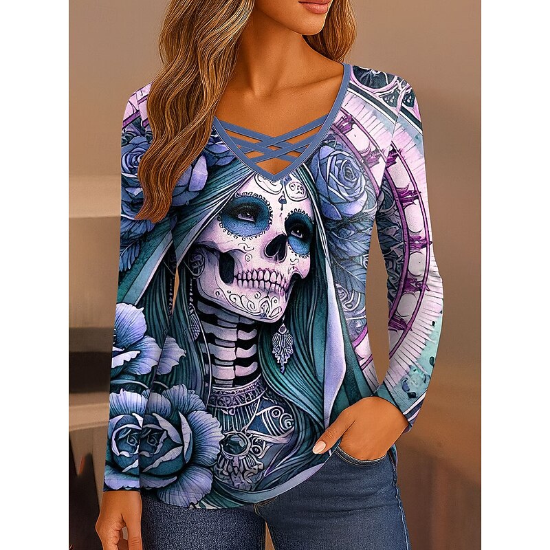Halloween Women's T Shirt Skulls Graphic Vintage Stylish Classic Long Sleeve V Neck Regular Tops Daily Cut Out Print Pink Blue Purple Green Spring Fall4