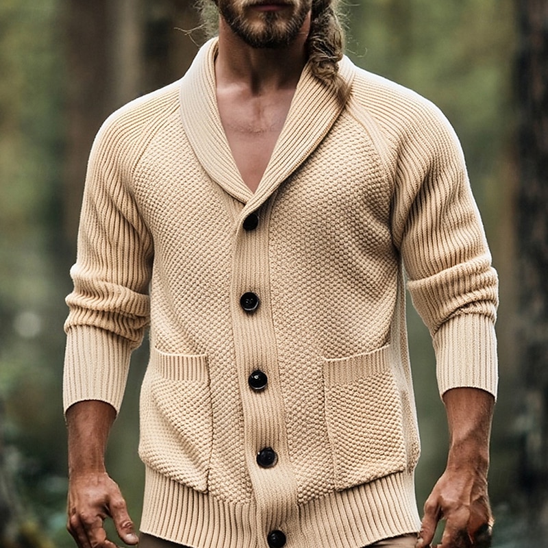 Men's Cardigan Sweater Cropped  Sweater Knit Sweater Cardigan Jacket Ribbed Cropped Knitted Knit Regular Tops Pocket Solid / Plain Color Shawl Collar Fashion Classic Vacation Daily Wear Clothing